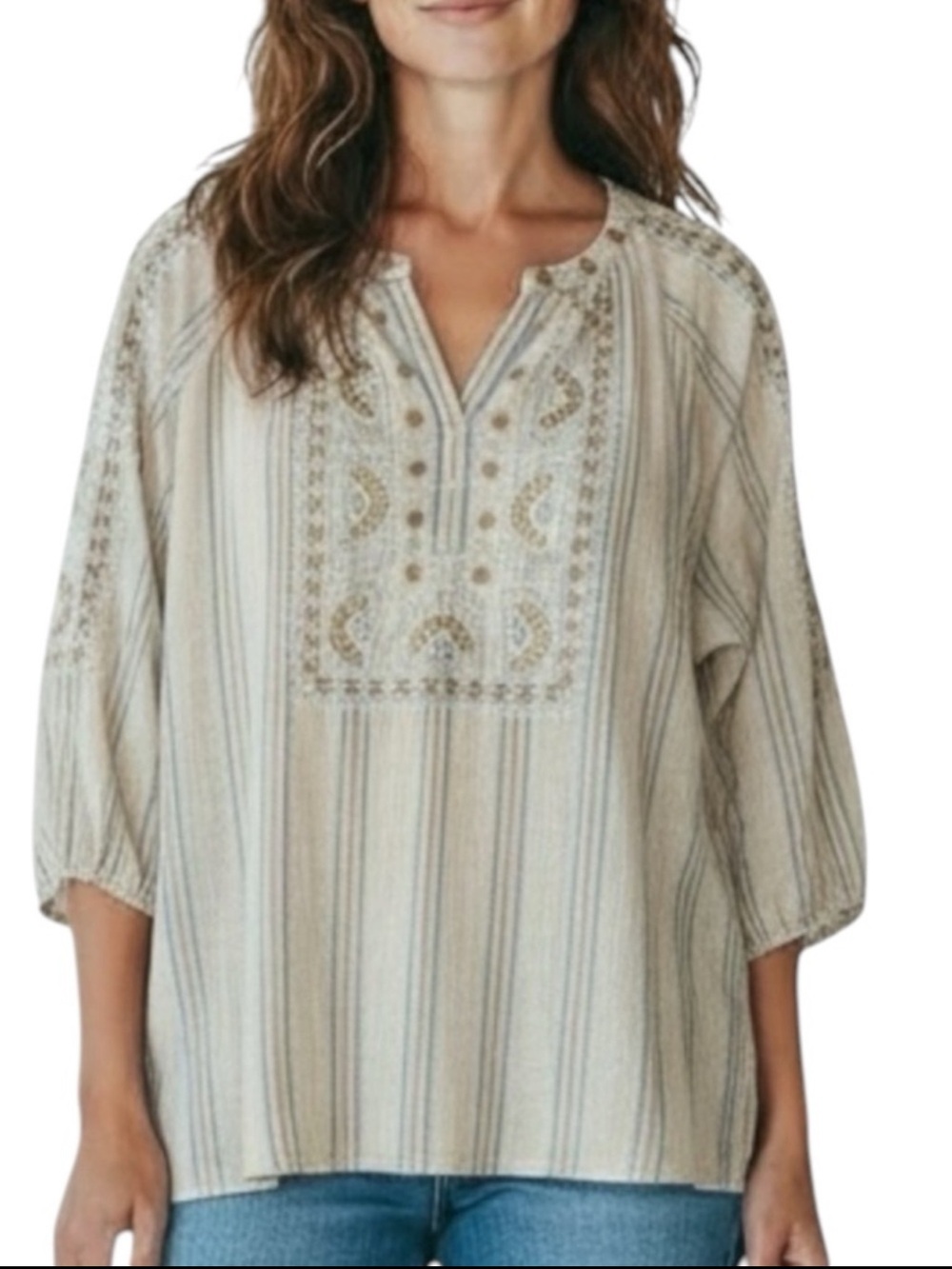 PURE JILL Striped Embroidered Tunic in Beige / Cream Size M — SUPER BOHO VIBES! - Picture 10 of 12